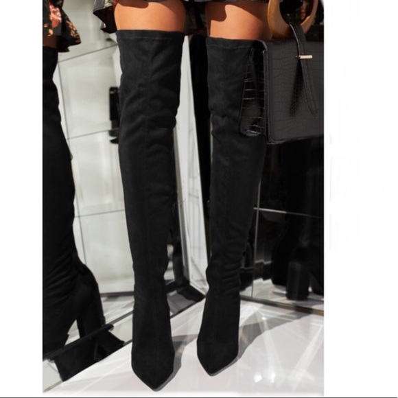 !! NEW !! Black Faux Suede Block Heel Over The Knee Boots - Picture 3 of 5